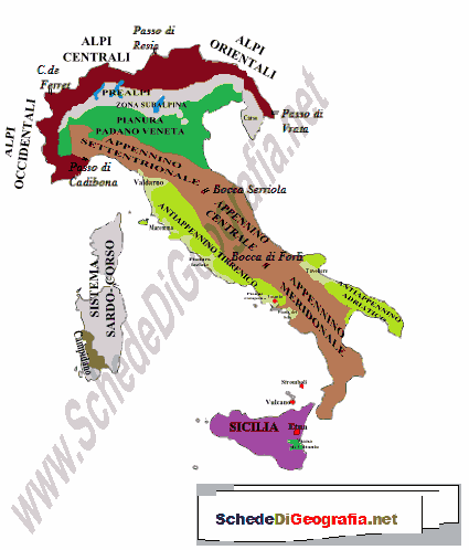 Cartina dei principali tipi di paesaggi in Italia