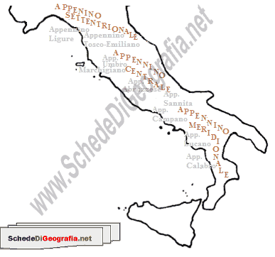 Cartina della suddivisione degli Appennini