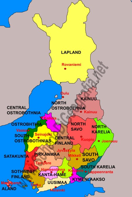 Cartina delle regioni finlandesi