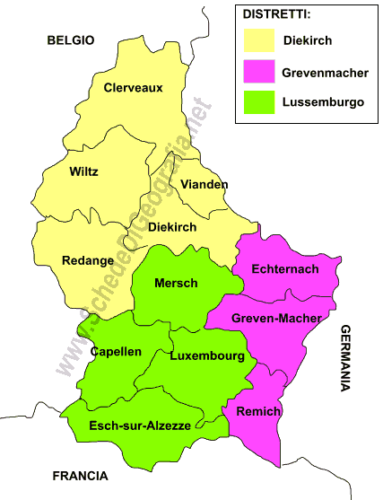 Cartina dei distretti e dei cantoni lussemburghesi