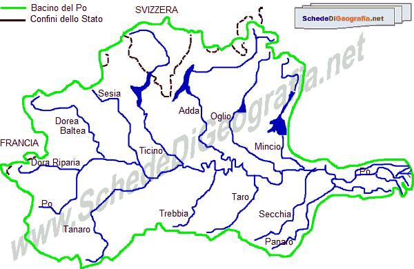 Il bacino del Po e i suoi principali affluenti