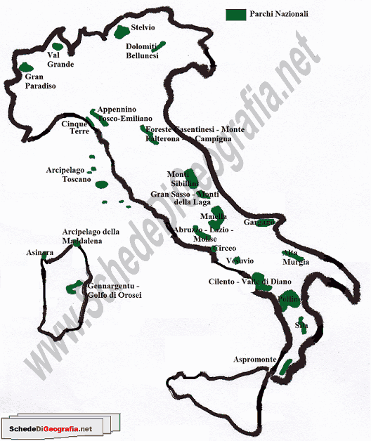 Cartina dei parchi nazionali italiani
